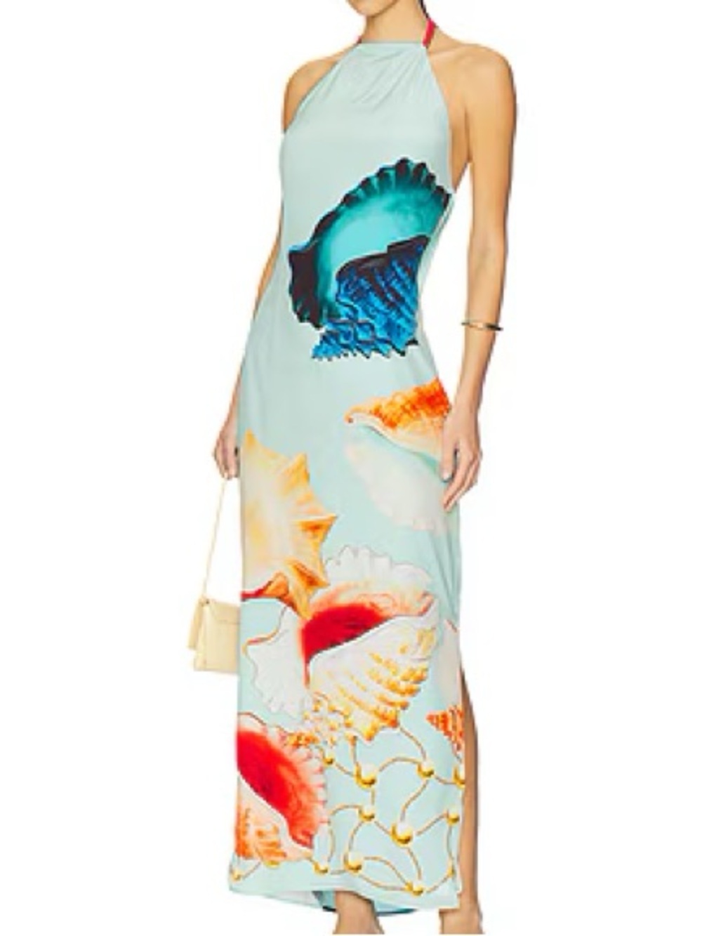 Muma World Murex Mist Vega Silk Halter Maxi Dress Ocean Shell Print Resort Small